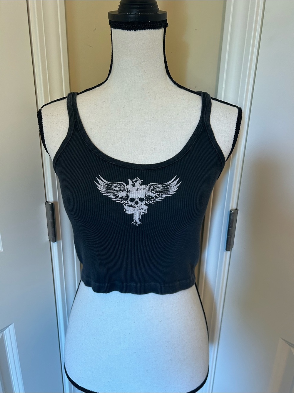 Brandy Melville Black Ribbed Crop Tank with Winged Skull Graphic